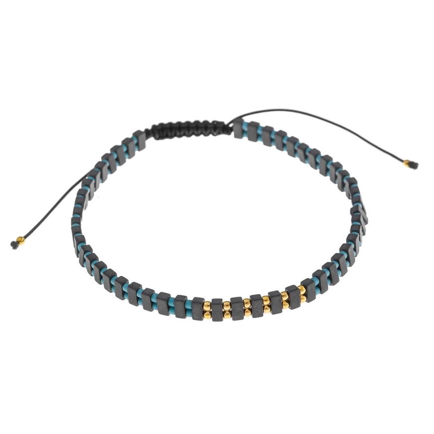 Foto de Pulsera plata chapado dorado bolitas cristal azules rectangulos hematita bolitas doradas hilo negro ajustable