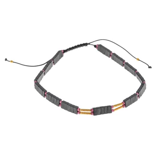 Foto de Pulsera plata chapado dorado bolitas cristal rubi rectangulos hematita tubos dorado hilo negro ajustable