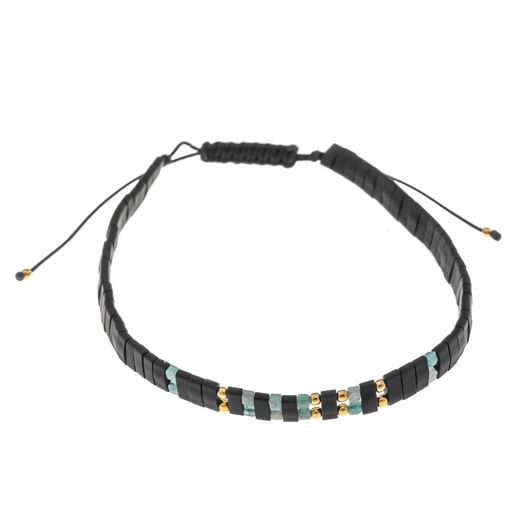 Foto de Pulsera plata chapado dorado bolitas facetadas esmeralda rectangulos hematita bolitas doradas hilo negro ajustable