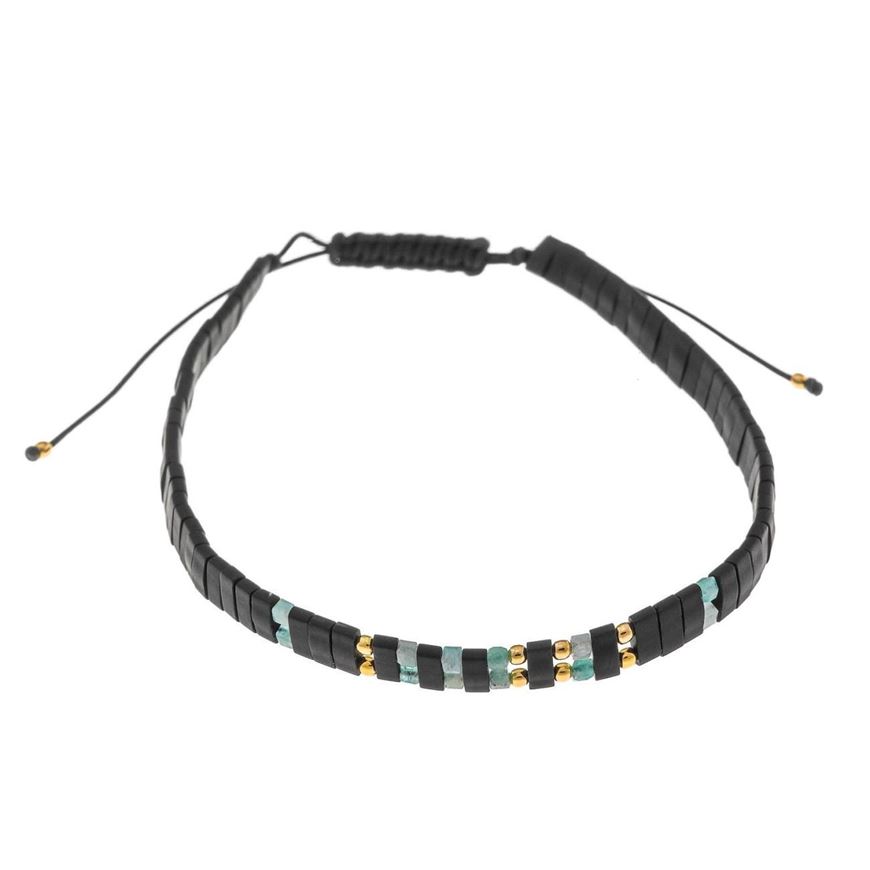 Foto de Pulsera plata chapado dorado bolitas facetadas esmeralda rectangulos hematita bolitas doradas hilo negro ajustable