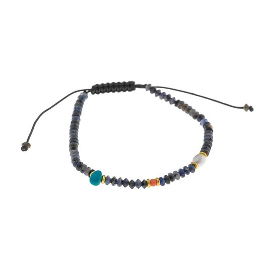 Foto de Pulsera plata chapado dorado bolitas facetdas zafiros turquesas bambu marino y perla bolitas doradas hilo negro ajustable