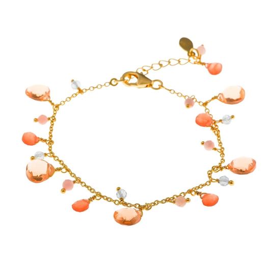 Foto de Pulsera metal chapado dorado ovalos facetados jades naranjas hidro morganita bolitas opalo rosa aquamrina milky