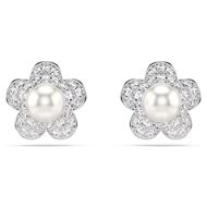 Foto de Pendientes de botón Ariana Grande x Swarovski Perla de cristal, Talla redonda, Flor, Blancos, Baño de rodio