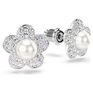 Foto de Pendientes de botón Ariana Grande x Swarovski Perla de cristal, Talla redonda, Flor, Blancos, Baño de rodio