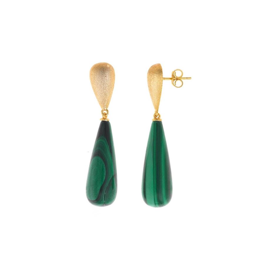 Foto de Pendientes plata chapado dorado talla pera mate y pera color malaquita