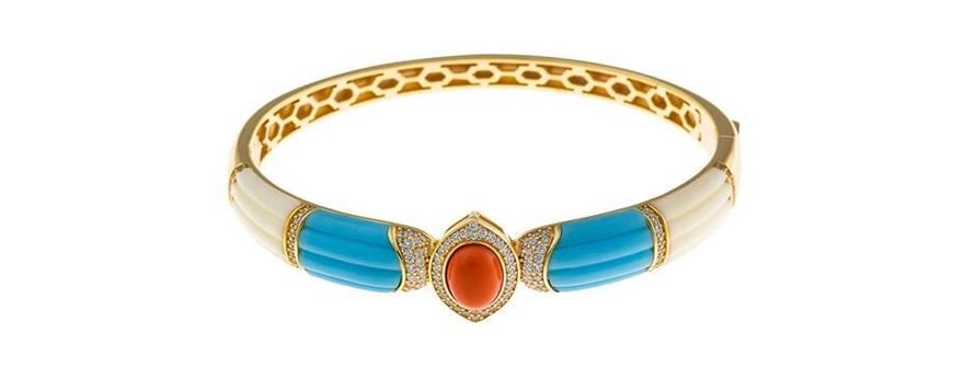 Foto de Pulsera de caña metal chapado dorado esmaltado naranja turquesa