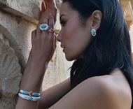 Foto de Pulsera de caña metal chapado dorado esmaltado naranja turquesa