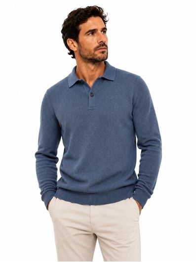 Foto de Jersey algodón y cashmere cuello polo microestructura en color azul denim