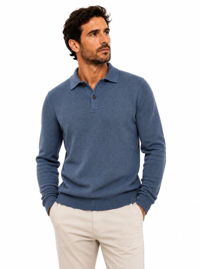 Foto de Jersey algodón y cashmere cuello polo microestructura en color azul denim