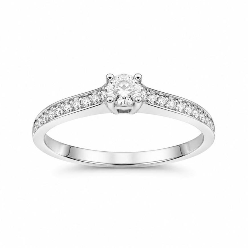 Foto de Anillo oro blanco 18kt con diamante central 0,10 ct y diamantes laterales 0,11 ct