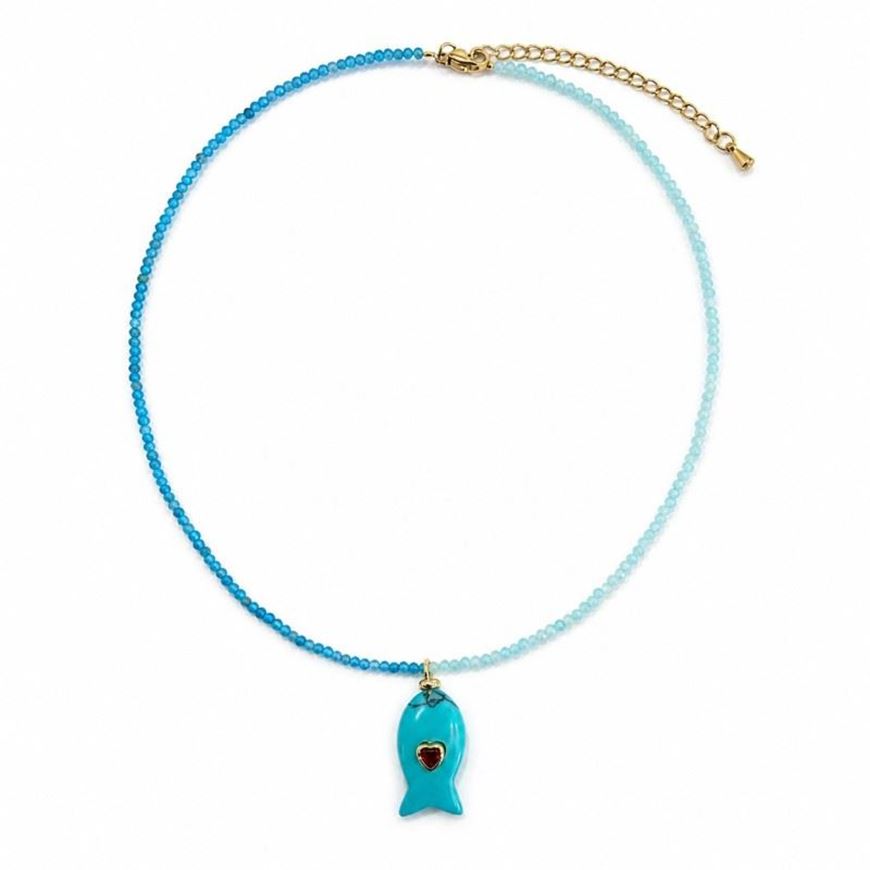Foto de Collar cuentas bicolor de apatita y amazonita + colgante pez turquesa