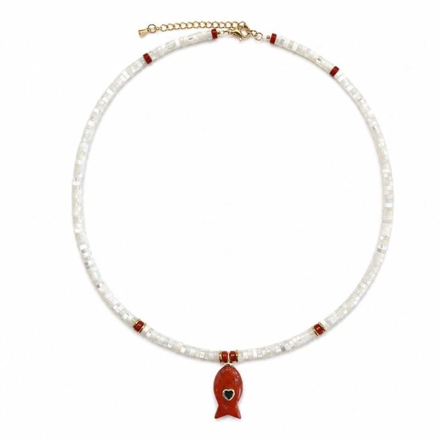 Foto de Collar cuentas de nacar y colgante pez de jaspe rojo
