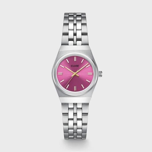 Foto de Mini reloj retro de los años 70, de acero, color fucsia y plateado