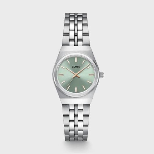Foto de Mini reloj retro de los años 70, de acero, color verde salvia y plateado