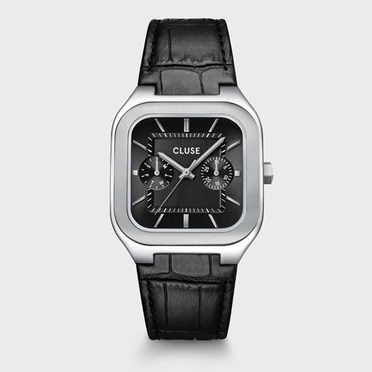 Foto de Reloj multifunción Quadrus de cuero, color negro y plateado