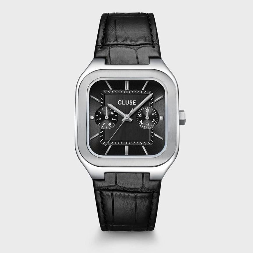 Foto de Reloj multifunción Quadrus de cuero, color negro y plateado