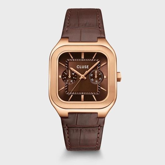 Foto de Reloj multifunción Quadrus de piel, color marrón y oro rosa
