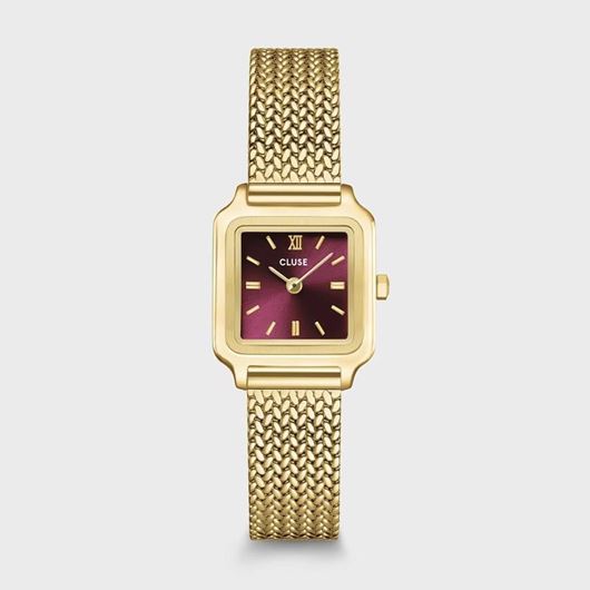 Foto de Mini reloj Gracieuse de malla, color cereza oscuro y dorado