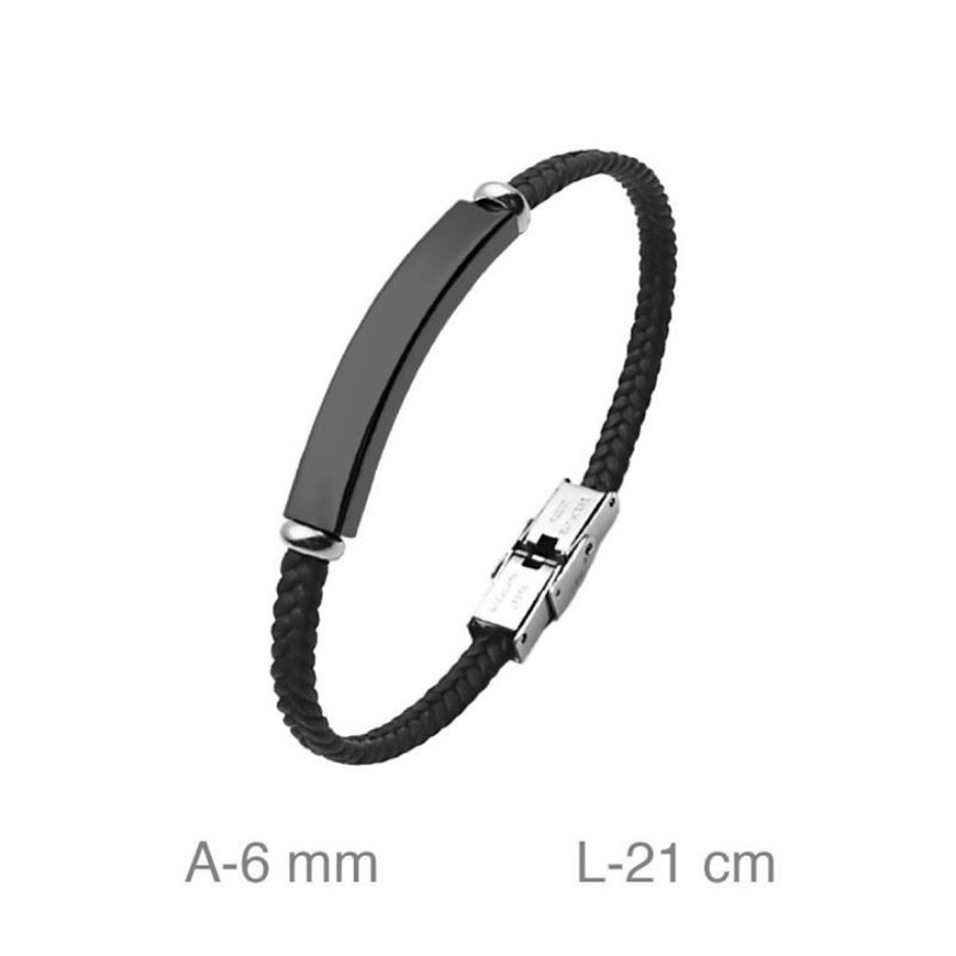 Foto de Pulsera acero y cuero negro con placa 6mm
