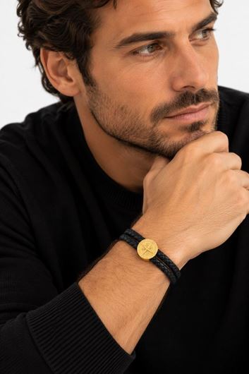 Foto de Pulsera de piel negra y acero baño oro 20cm