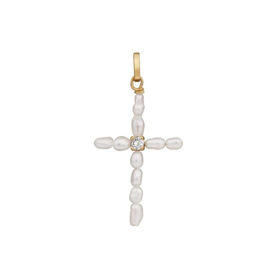 Foto de Cruz oro amarillo 20x12 perla grano mini y circonita