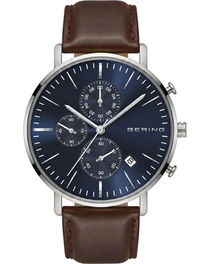 Foto de Reloj con cronógrafo fecha esfera color azul y correa d piel marrón