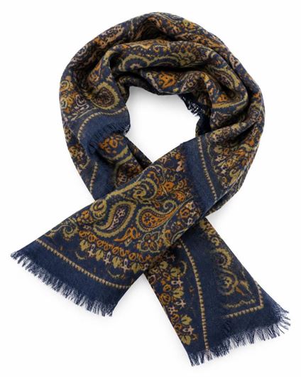 Foto de Pañuelo de cuello de hombre estampado paisley azul marino y ocre 70x70cm