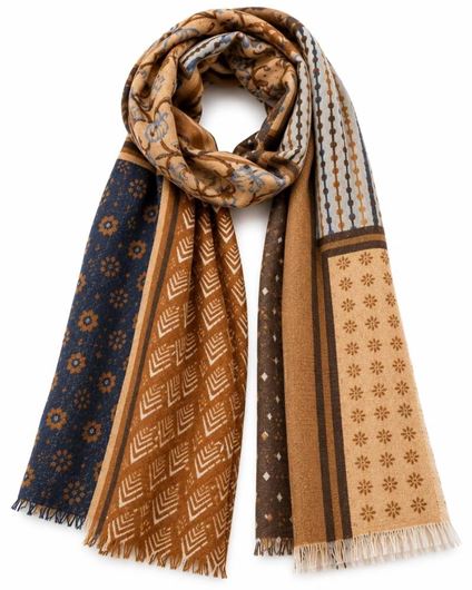 Foto de Fular de hombre multicolor con estampado floral y geométrico en tonos camel y azul 70x200cm