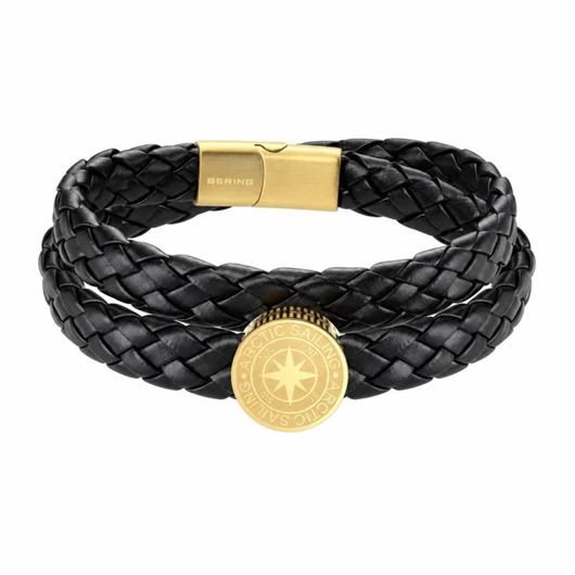 Foto de Pulsera de brújula de piel de doble vuelta Negro Oro 20cm